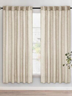 Beige Linen Textured Semi Sheer 2 Panels Curtains Drapes Tab Rod 52W" x 72"L-NEW